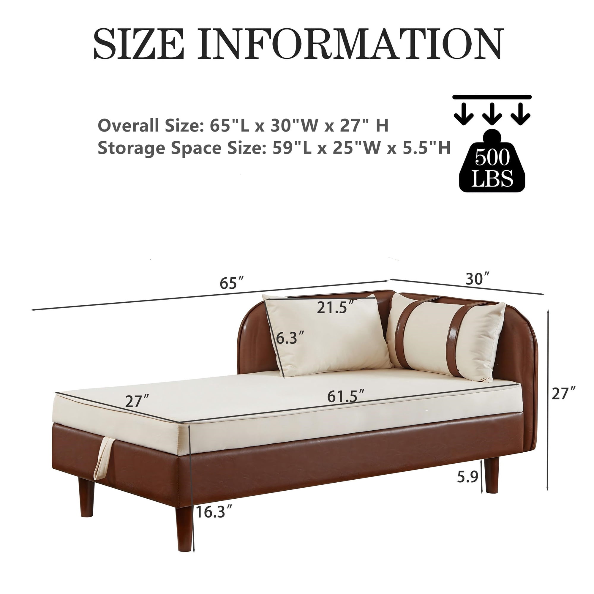 Aukfa 65" Storage Chaise Lounge Indoor Leather Sofa for Living Room Bedroom, Wooden Legs, 2 Pillows, Brown & Beige