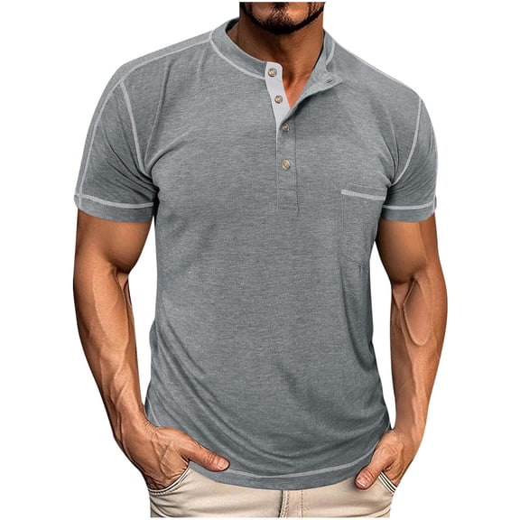 Qgtaibl Short Sleeve Shirt for Men Summer Henley T-Shirt Crewneck Button Down Pullover Dressy Business Work Tops Pockets Tee Gray,M