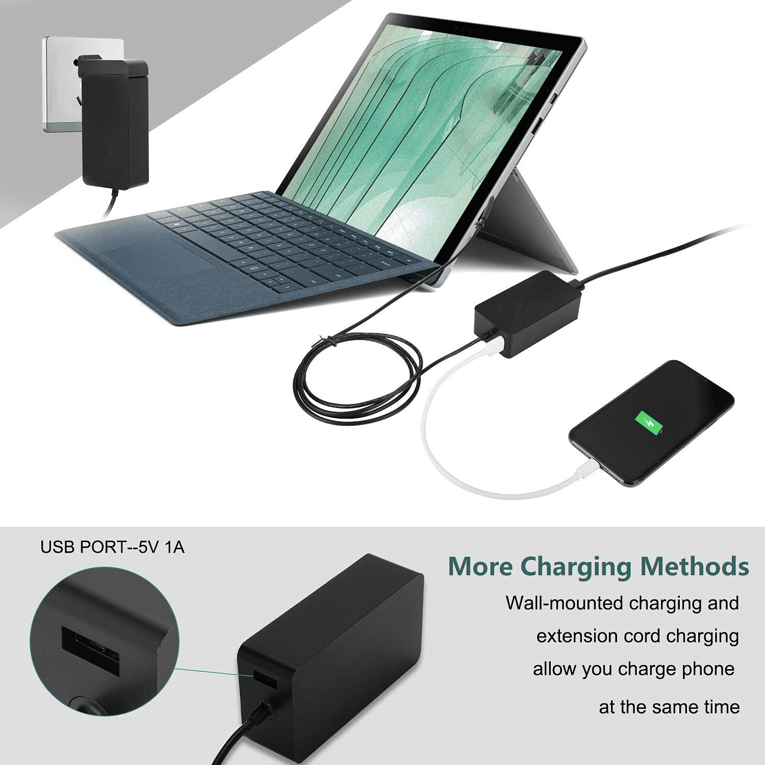 Surface Pro Charger 65W 15V 4A AC Power Adapter Supply for Microsoft Surface Book Surface Pro 3/4/5/6 Surface Go Surface Laptop 1/2/3 with USB Charging Port and 6ft Cord fit Model 1706