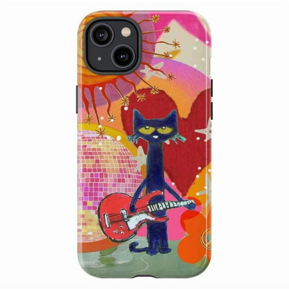 Retro Cat Guitar Phone Case, Colorful Artistic Protective Cover for iPhone 17 16 15 14 13 12 11 Pro Max Plus Mini