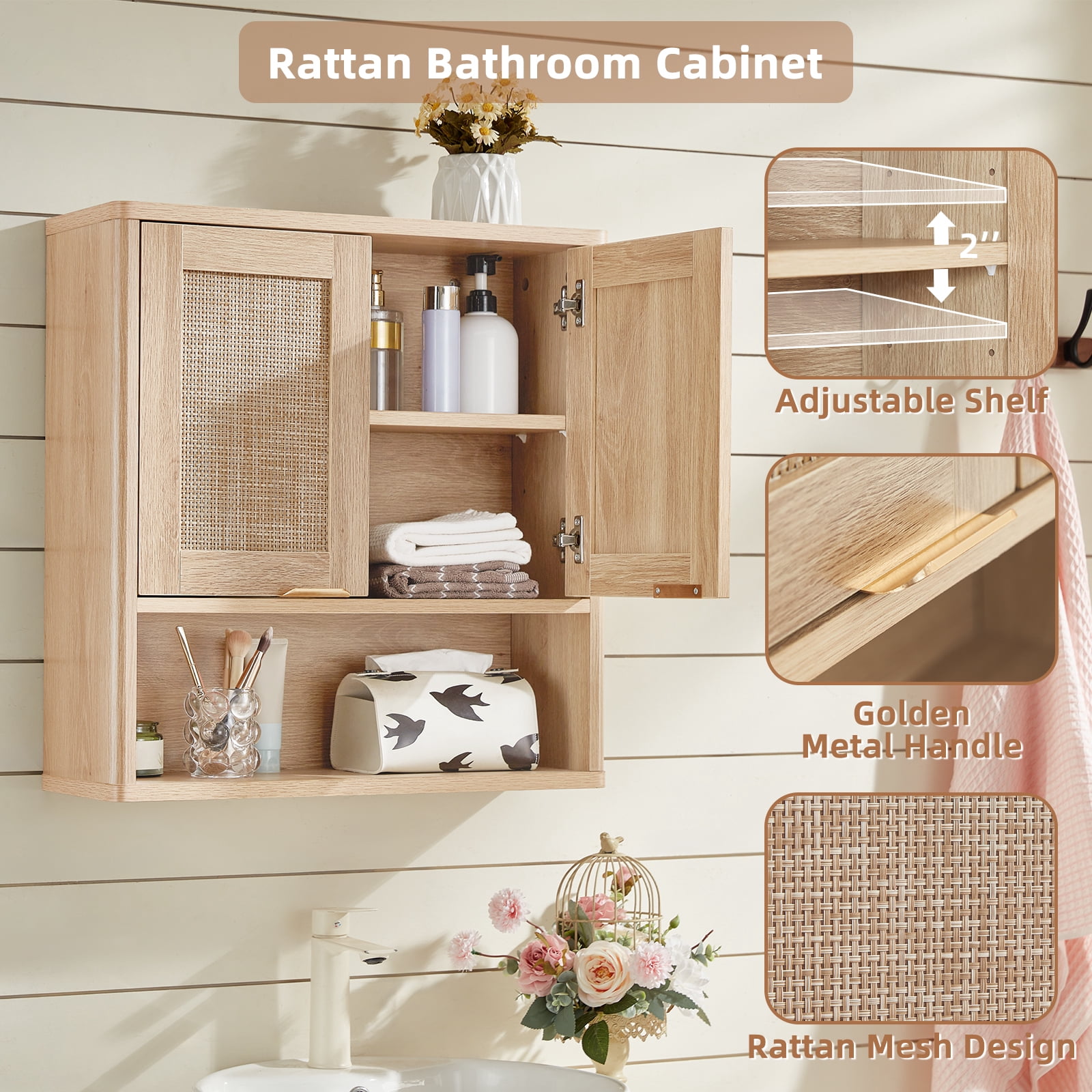 Leyaoyao Boho Bathroom Cabinet Wall Mounted with Doors, Wood Hanging Cabinet, Adult Wall Cabinets with Shelves Over The Toilet, Natural Oak