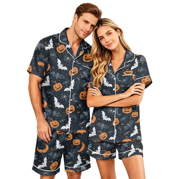 JULMCOMO Halloween Matching Pajamas for Couples Pumpkin Bat Spider Web Print Short Sleeve Soft Two Piece Sets Loose Holiday Lounge Sets Black-Men XL