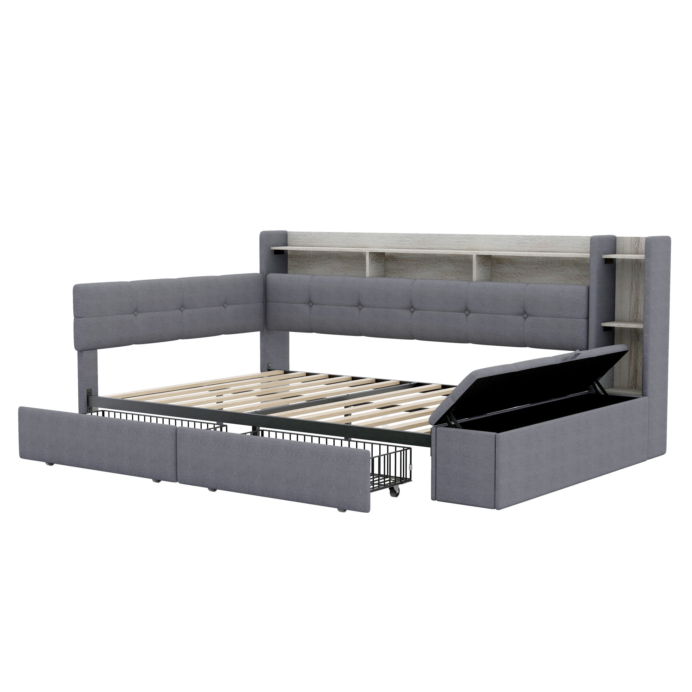 Noble House Brevon Full Size Upholstered Daybed with Extra Drawers, Storage Footstool, USB Port and LED Light, Grey