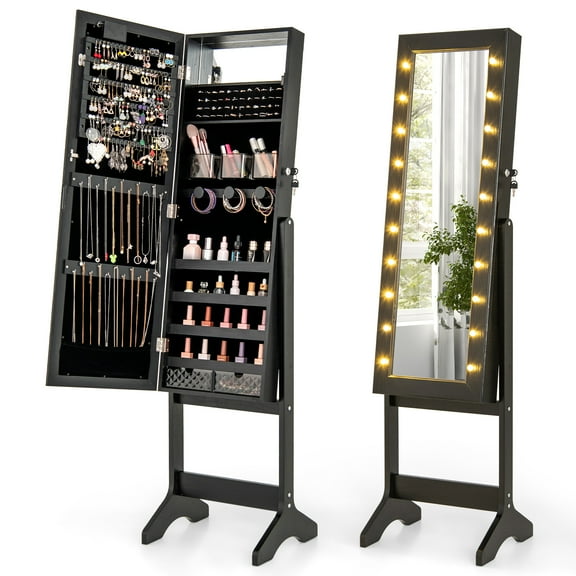 Patiojoy Jewelry Armoire Cabinet Standing Lockable Jewelry Organizer with Lighted Full-Length Mirror Black