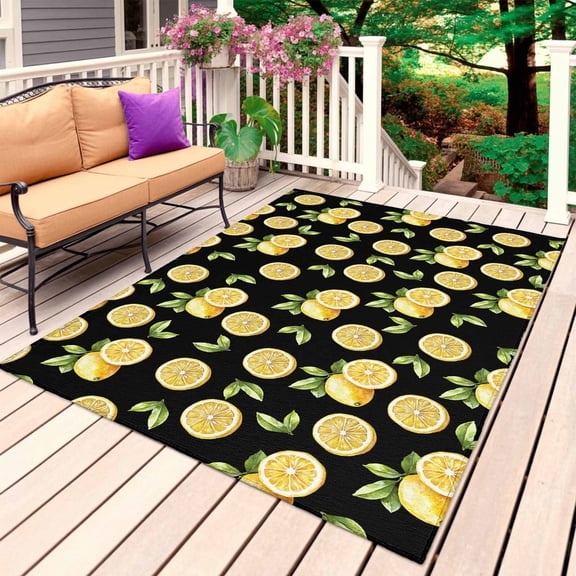 Summer Lemon Outdoor Rug for Patio/Deck/Porch, Non-Slip Large Area Rug 4 x 6 Ft, Country Fruit Leaf Black Watercolor Indoor Outdoor Rugs Washable Area Rugs, Reversible Camping Rug Carpet Runner