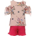 thumbnail image 3 of Little Girl Cold Shoulder Floral Top Summer Ruffle Short 2 Pieces Set Girls (21JK13S) Pink 4, 3 of 3
