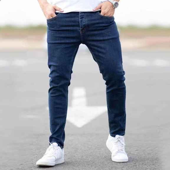 Blmnix Stretch Jeans Pants for Men Skinny Cargo Low Rise Jeans Slim Fit Leggings Blue Full Slim-Leg Mens Summer Pants,XXL