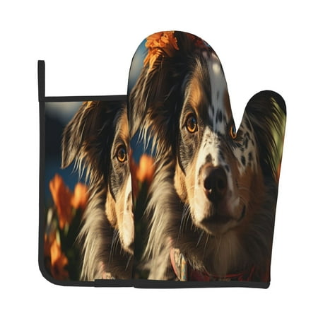 

Lukts Flower Crown Dog Print Kitchen Heat-Resistant Gloves and Spacers 2pcs Set Suitable for Baking and Cooking