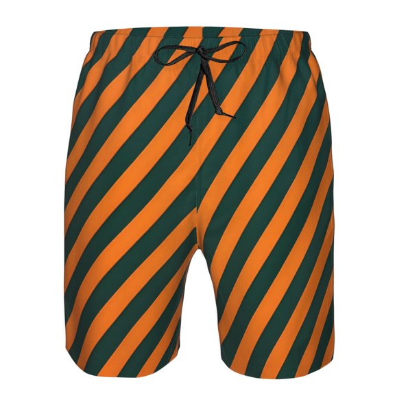 Mens Beach Shorts Orange Green Stripe Quick Dry Swim Shorts with Mesh Lining XX-Large