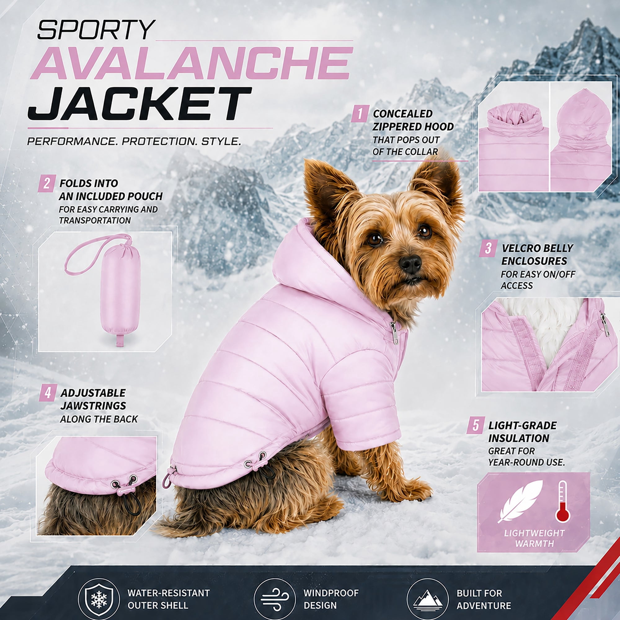 Pet Life ® Lightweight Adjustable and Collapsible 'Sporty Avalanche' Dog Coat w/ Pop-out Zippered Hood