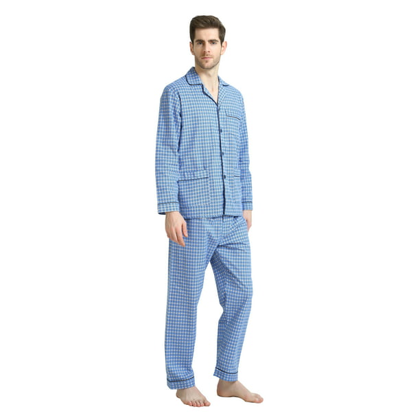 GLOBAL Men's Pajamas Sets 100% Cotton Flannel Sleepwear Long-Sleeve top ...