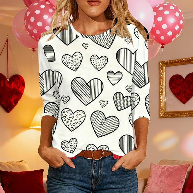 Hauts pour Femmes T-Shirt à Manches 3/4 à Imprimé Cœur de la Saint-Valentin à Col Rond Noir TG
