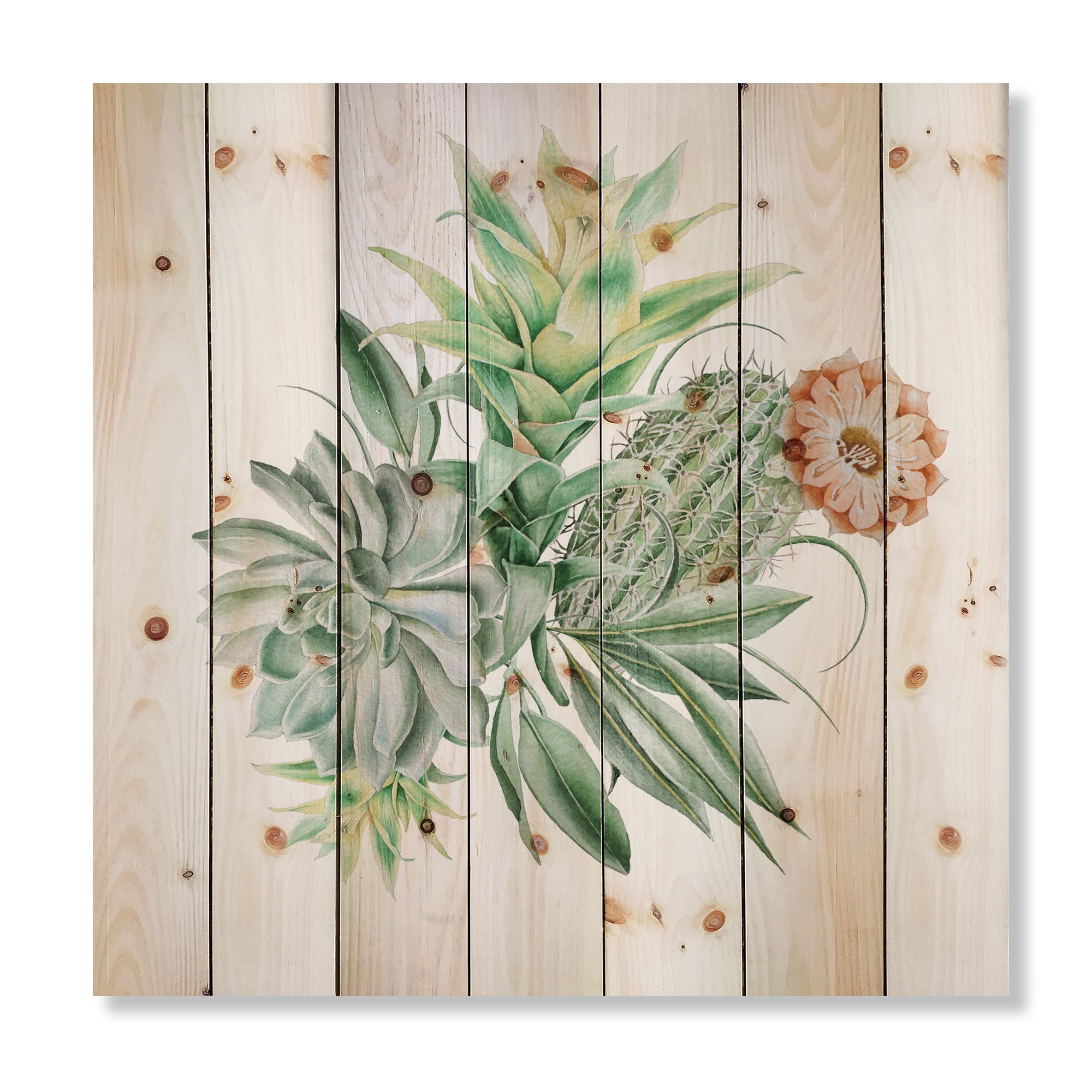 Designart 'Bouquet With Succulents and Cactus' Botanical Print on Natural Pine Wood