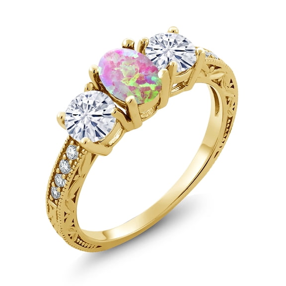 Gem Stone King 18K Yellow Gold Plated Silver 3-Stone Ring Cabochon Simulated Opal Moissanite(1.75 Cttw) (Size 6)