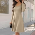 thumbnail image 2 of VEKDONE Ribbed Knit Sweater Dress for Women Fashion Long Sleeve Scoop Neck A-Line Dress Casual Flowing Pleated Dresses Summer Vacation Housewear Dress Khaki S, 2 of 7