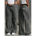 thumbnail image 3 of Womens High-Waisted Wide-Leg Y2k Jeans Fashion Casual Pants with Bow Embroidered Pockets,XL, 3 of 7