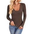 thumbnail image 3 of Long Sleeve Shirts for Women Fall Fashion V Neck Basics Crop Tops Slim Fitted Y2K Tops Outfits Clothes Coffee L, 3 of 9