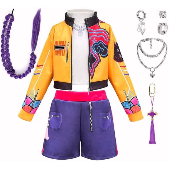 Guvpev Halloween Cosplay Costume for Ages 3-12Y, Popular Singer Stage Performance Outfits, Lining Jacket Shorts Set with Wig & Dress Up Accessories for Halloween Cosplay, Birthday Party & Fancy Dress