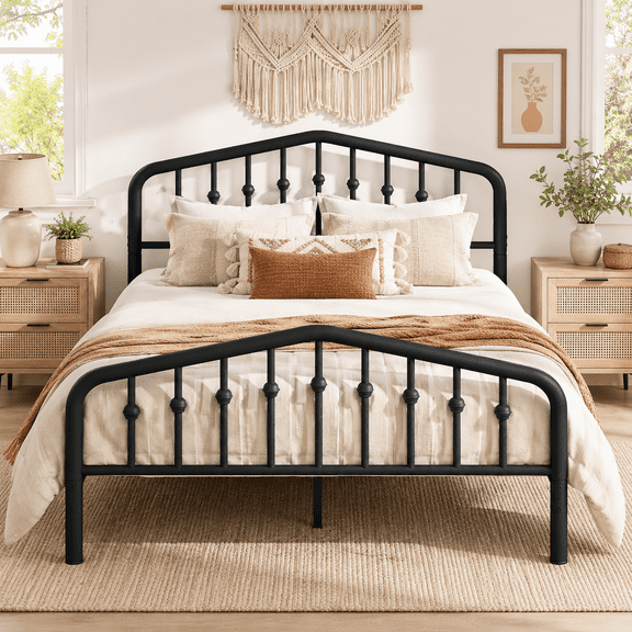 Full Platform Bed Frame with Headboard and Footboard, UHOMEPRO Metal Full Size Bed Frame for Adults Teens, Rustic Vintage Full Bed Frame Bedroom Furniture, No Box Spring Needed, Noise Free, Black