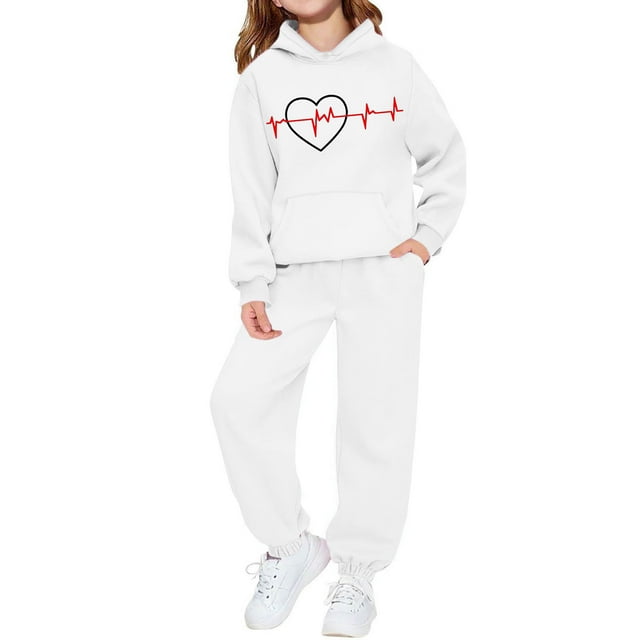 Conjunto de sudadera con capucha de manga larga para niños con estampado en forma de corazón y pantalones deportivos con lazo en las piernas, conjunto deportivo informal de dos piezas para niños, poli
