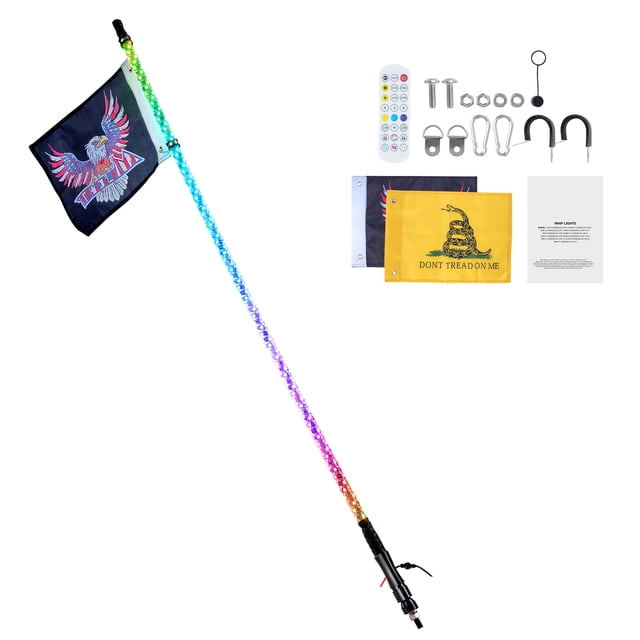 KFFKFF 1 Unit 4 Foot Whip Light, Dual-Control (APP & RF Remote) LED Whip, Water-Resistant 360° Spiral RGB Chasing Light Whip with Two Flags,for UTVs, ATVs, Motorcycles, RZR, Can-am, Trucks