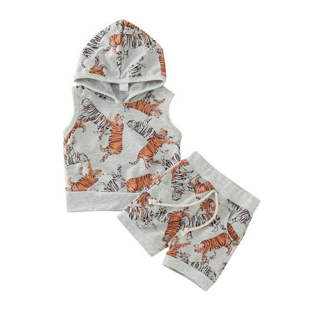 

koaiezne Baby Boys Sleeveless Hooded Vest Tops Cartoon Print Shorts Pants Outfit Set 2PCS Baby Clothes New Born Long Button