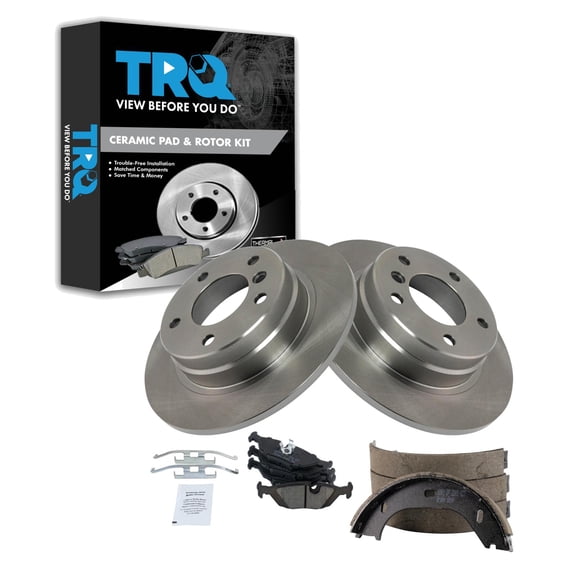 TRQ Rear Brake Pad & Rotor Kit Brake Pads Brake Rotor Parking Brake Shoe Set Ceramic Fits Select 1992 BMW 318i 325i