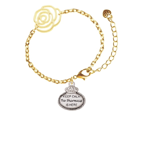 Delight Jewelry Silvertone Keep Calm The Pharmacist is Here Gold-tone Flower Link Chain Bracelet, 6.75" 2" Extender