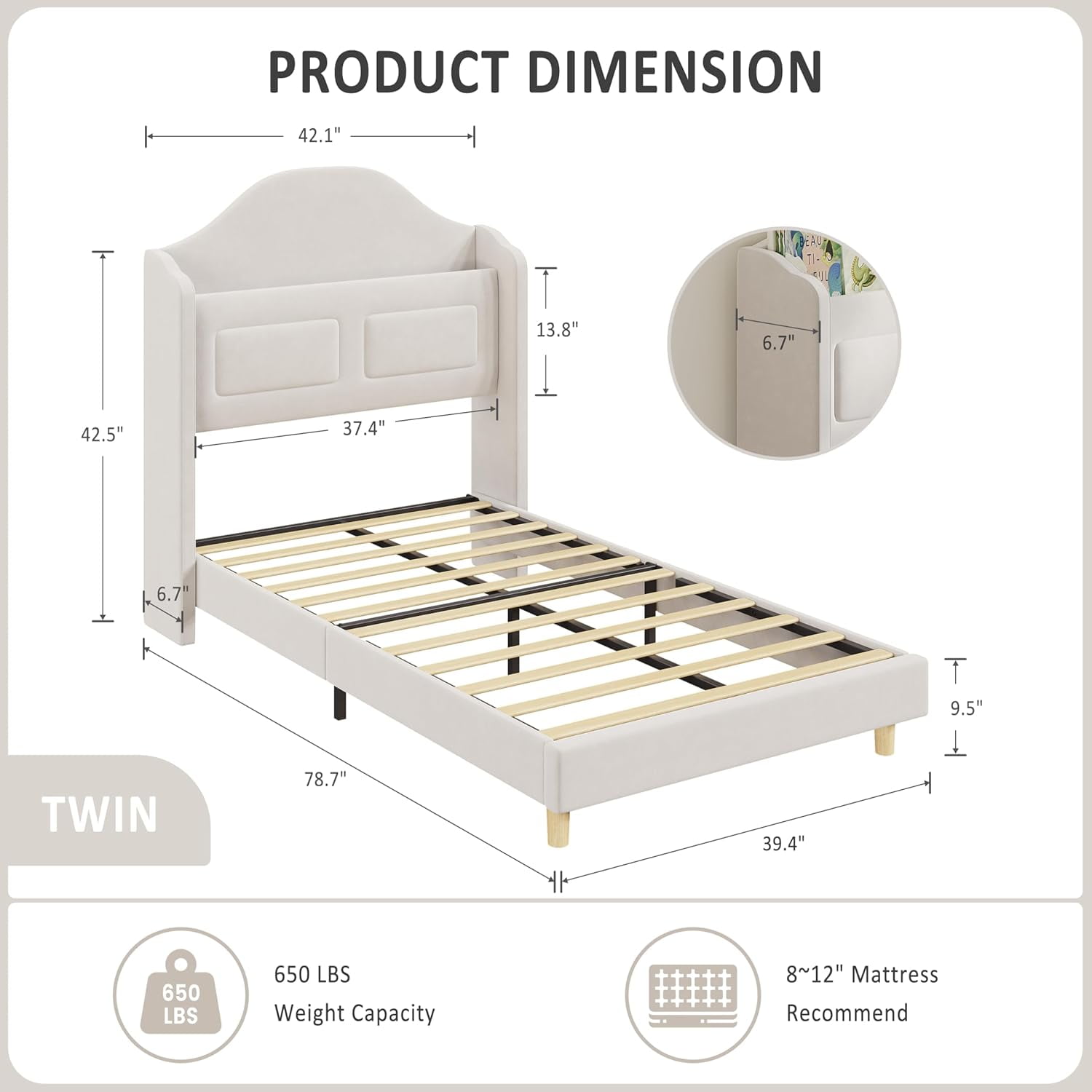 IDEALHOUSE Upholstered Twin Bed Frame with LED Lights, Velvet Platform Bed with Wingback Storage Headboard, Wood Slat Support, No Box Spring Needed, Easy Assembly, Beige