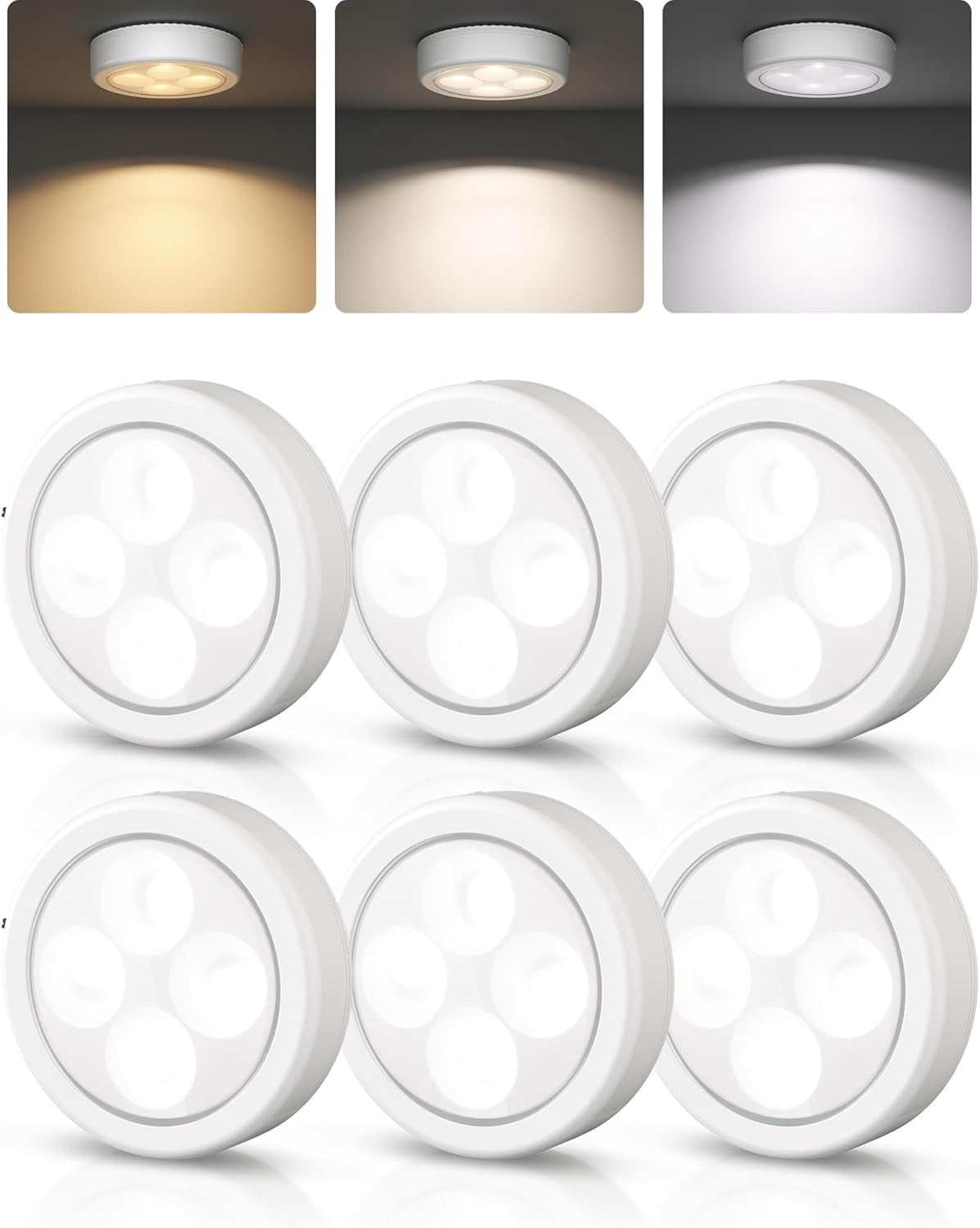 RGHJAR-LED Puck Lights, Rechargeable Sitck On Tap Lights, Wireless Closet Light, 3 Color Temps, Under Cabinet Lights, 2.5'' Mini Touch Light, Ideal for Kitchen,Closet,Pantry,Shelves,Camper(6 Pack)