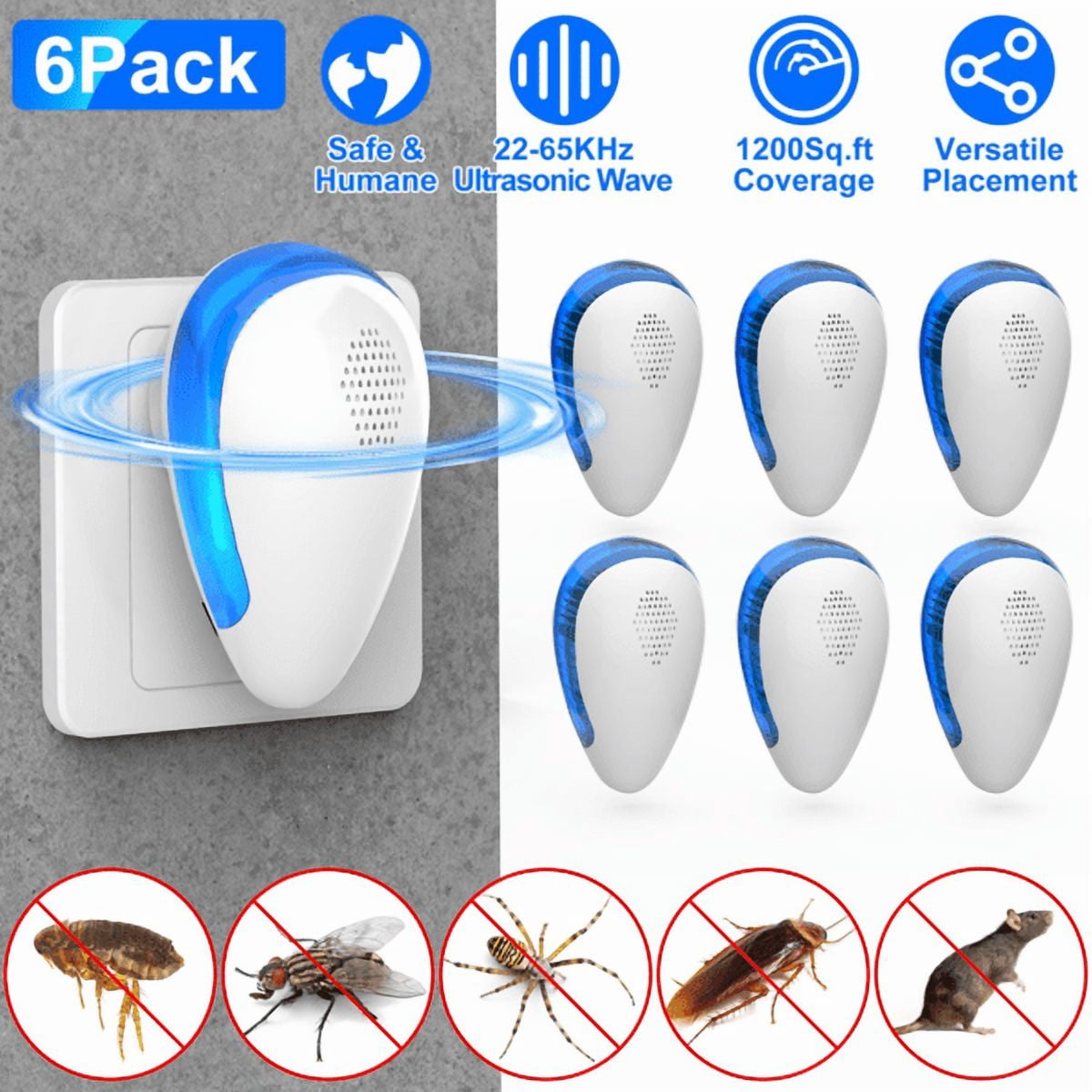 6 Pack Plug‑in Ultrasonic Electronic Unit, Variable 22‑65KHz Frequency Wall‑Socket Powered Device for Kitchen, Bedroom, Garage, Indoor Household Use