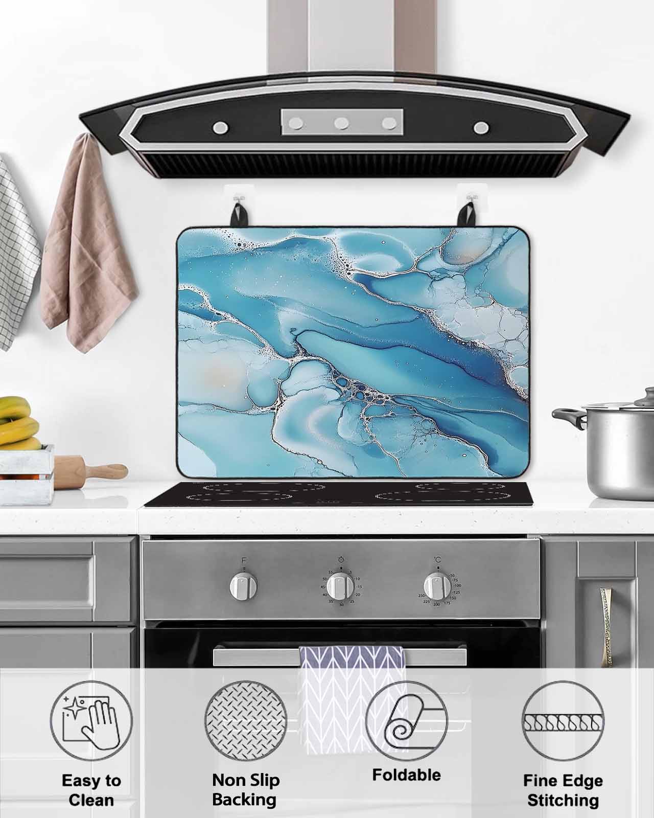 nqOlkjepod Large Induction Cooktop Protector Mat 24"x21", Modern Blue Grey Stove Top Covers for Electric Stove, Abstract Marble Textured Decorative Stove Burner Cover Mats, Glass Top Stove Cover