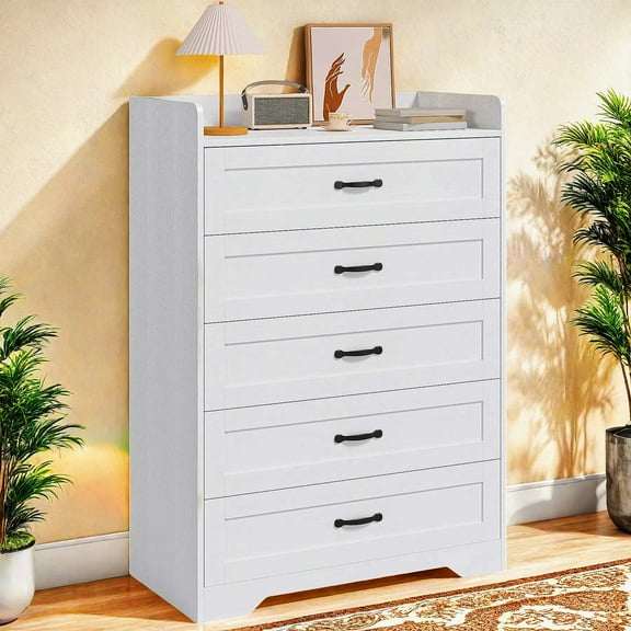 White Dresser for Bedroom, Lofka 5 Chest of Drawers Storage Cabinet with Smooth Rail and Metal Handle for Living Room & Entryway