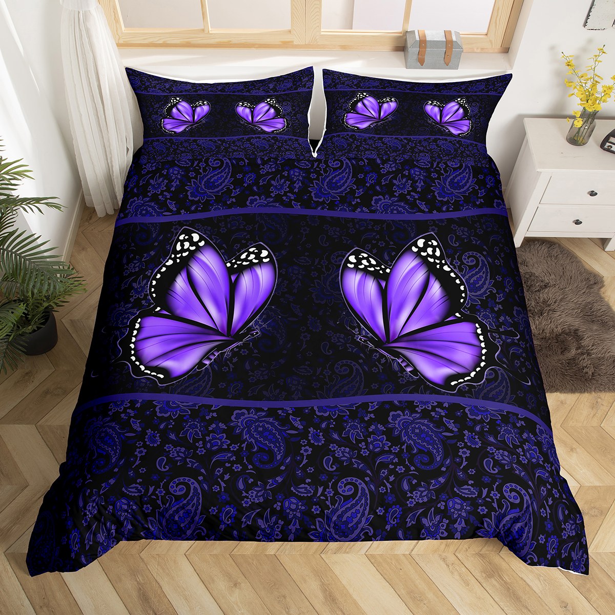 Vintage Bohemia Duvet Cover Twin for Women,Purple Butterfly Bedding Set for Girls,Romantic