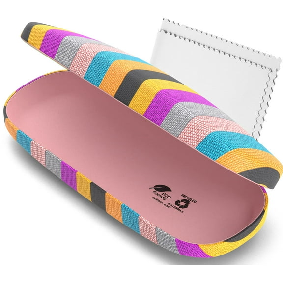 OPTIPAK Hard Shell Glasses Case - Eco Friendly Eyeglass Hard Case with Microfiber Cleaning Cloth - Stripe