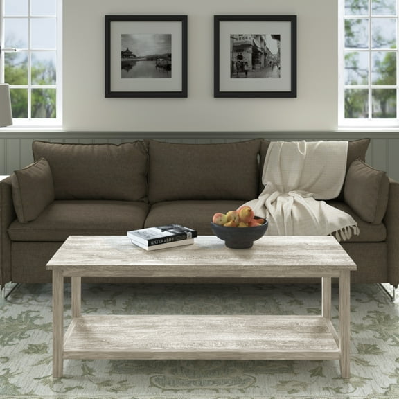 Ox Bay Amer Wood Rectangular Storage Coffee Table, Transitional Style, Indoor Use, White Wash Finished