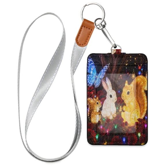 PU Leather Badge Holder Lightweight ID Card Holder with Window Pocket Rabbit and Butterfly