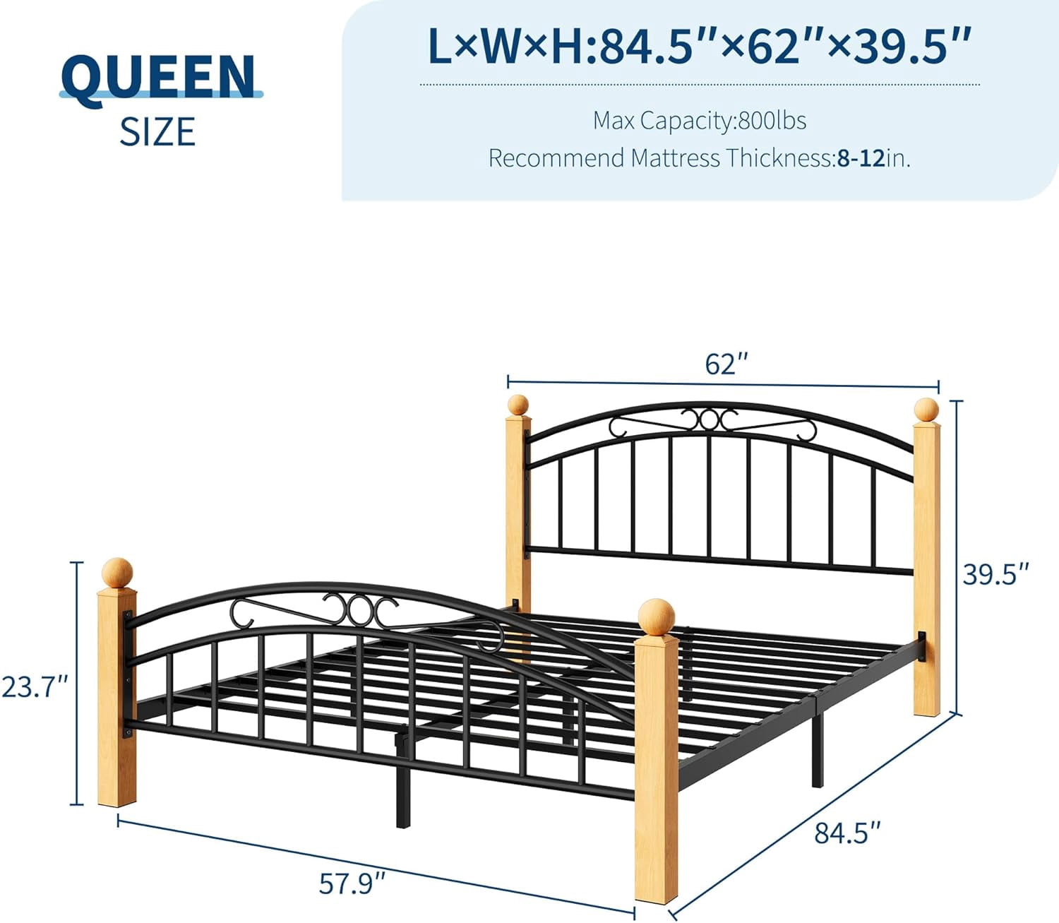 Queen Size Metal Bed Frame with Headboard, Queen Platform Metal Bed Frame Wooden Slat Support, No Box Spring Needed, Noise Free Sleep, Underbed Storage Space with Sturdy Steel Slats