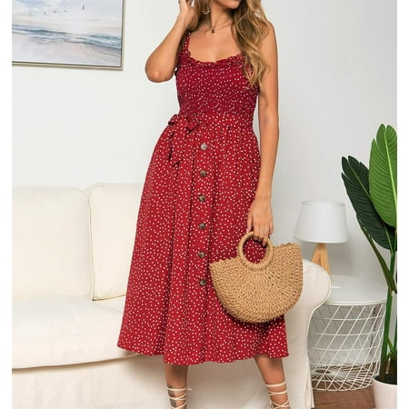 Women's Dot Print Bandage Dress Sexy Lace Up Spaghetti Strap Button Sundress Casual Sleeveless Ruffles Party Dress