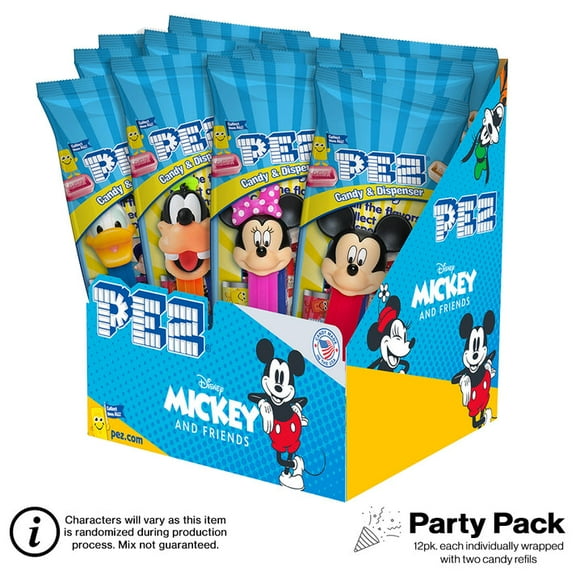 PEZ Disney Mickey & Friends Variety Party Pack, 1 Individually Wrapped Candy Dispenser With 2 Candy Refills, 12 count