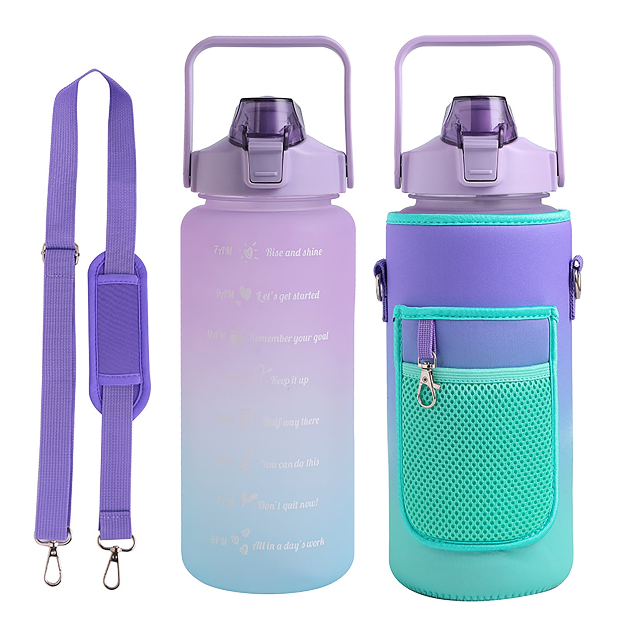 Mouind Half Gallon Water Bottle with Sleeve 64 oz Motivational Water Bottle with Straw & Time