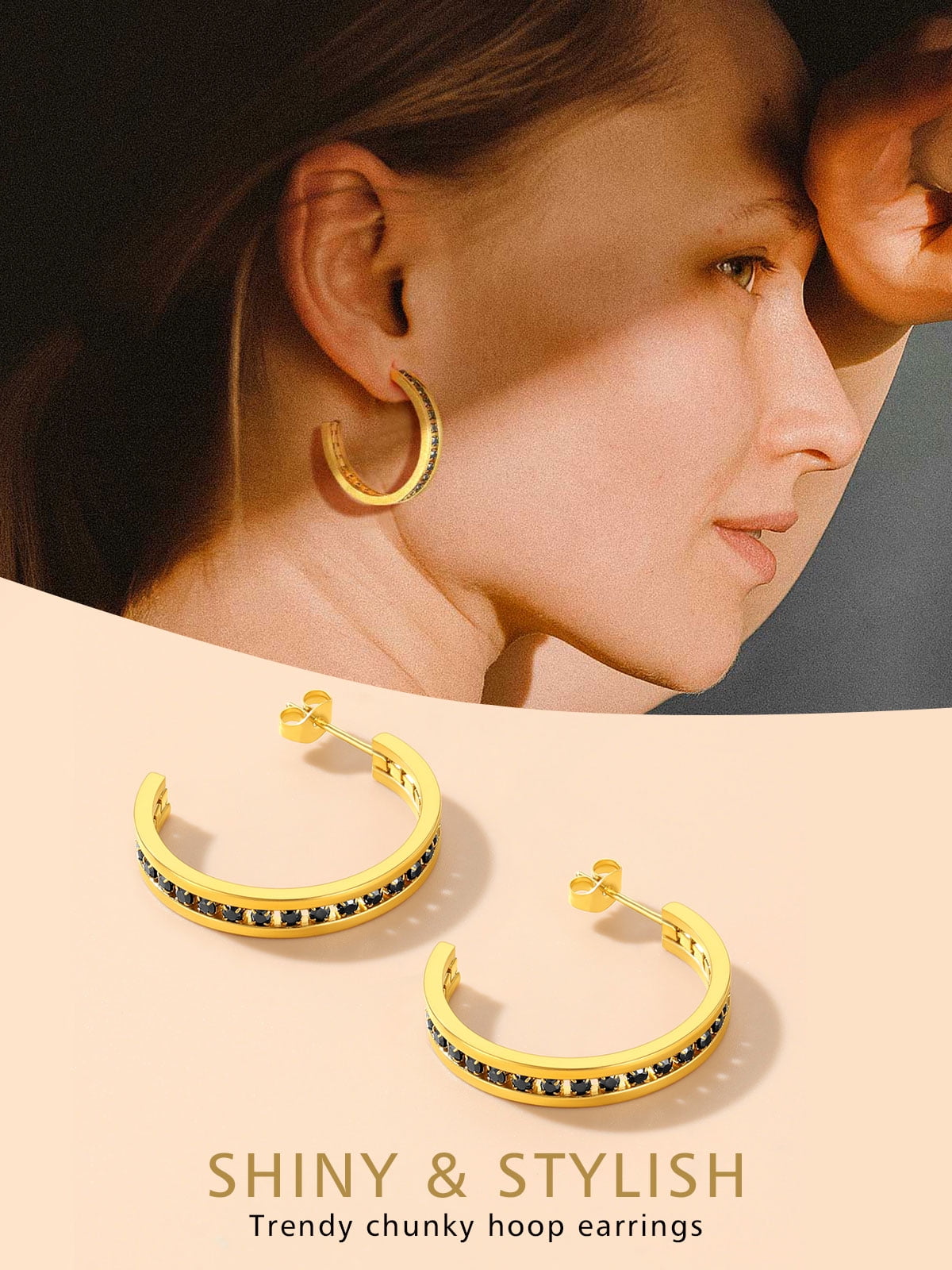 FindChic 14K Gold Plated Hoop Earrings for Women Stainless Steel Hoops with Black Cubic Zirconia Inlaid Birthday Mothers Day Jewelry Gifts Her Mom Wife, 30mm