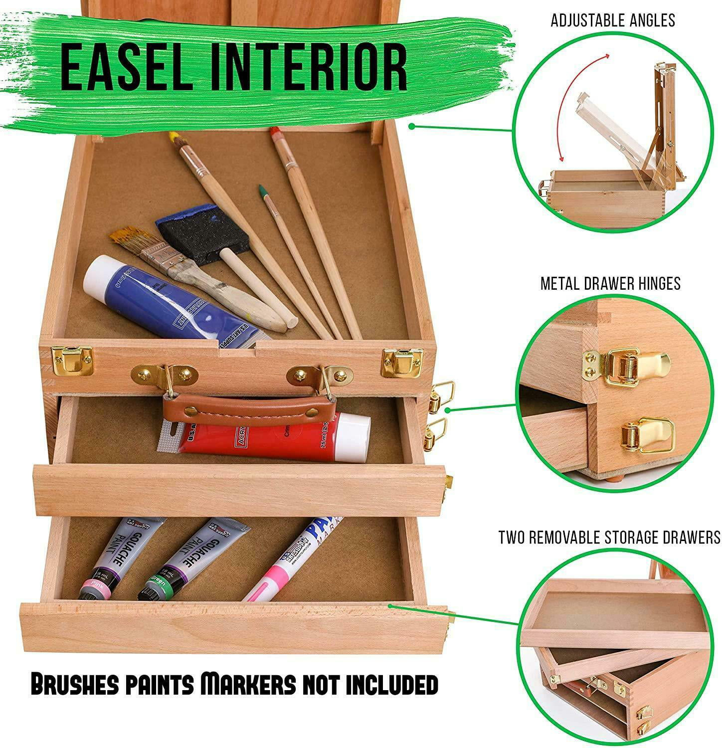 Kuyal Art Supplies Box Easel Sketch Box Painting Storage Box-Adjustable  Design with Large 2-Drawer（2-Drawer Box Easel)