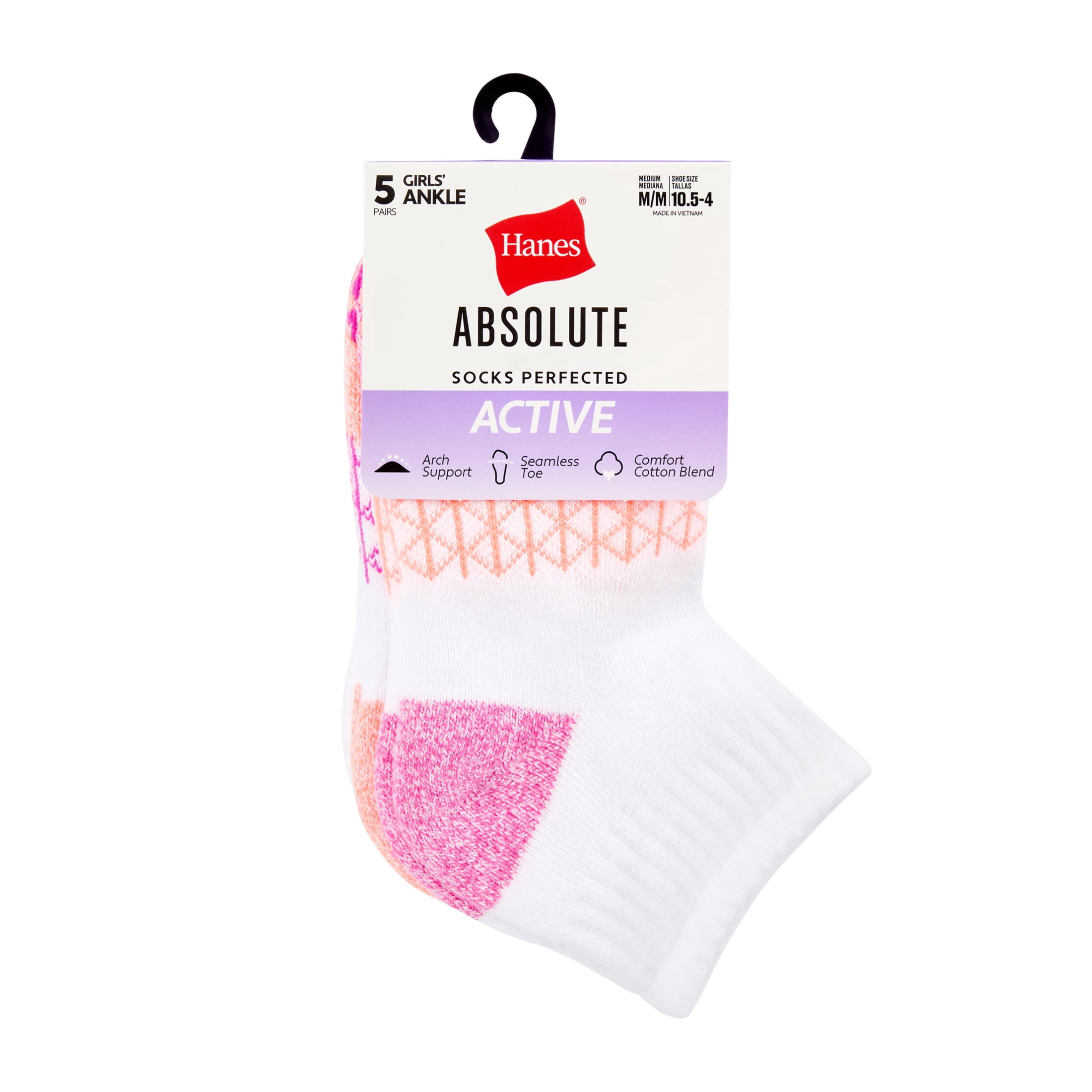 Hanes Girls Ankle Socks Value Pack, 5-Pack, Absolute Active Ankle Socks for Girls