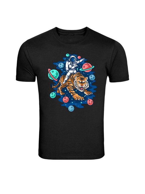 Astronaut Riding Tiger Space Planets Graphic T Shirt Sci Fi Tee