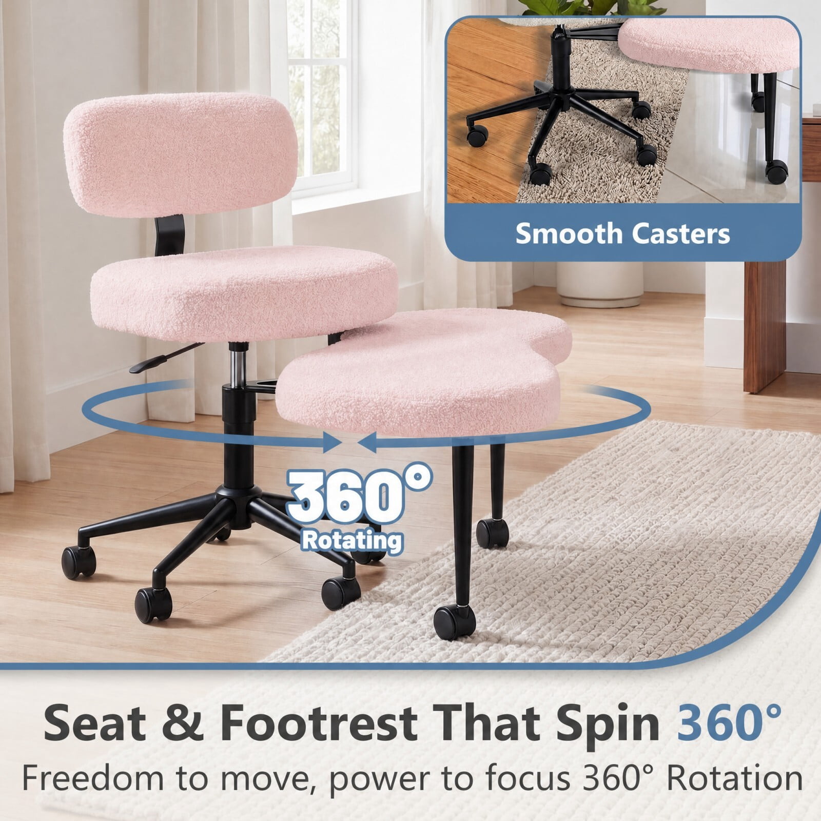 Kelno Cross Legged Meditation Chair with 360° Swivel Footrest Adjustable Backrest Ergonomic Teddy Fleece Office Chair, Pink