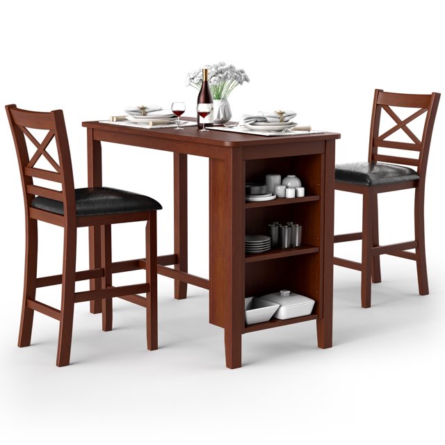 Costway Ensemble de Table à Manger de Pub 3 Pcs avec Étagères de Rangement et 2 Chaises Rembourrées Noyer