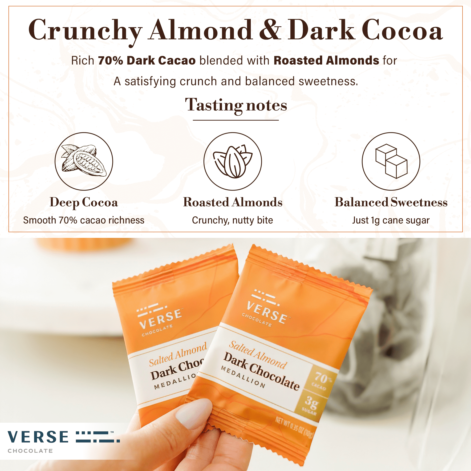 Verse 70% Dark Chocolate with Almonds - Gluten Free, Keto Low Sugar Snack - Creamy Dark Cocoa Squares - Only 3g Cane Sugar - Vegan Dark Chocolate Squares - Individually Wrapped Chocolates (30 Count)