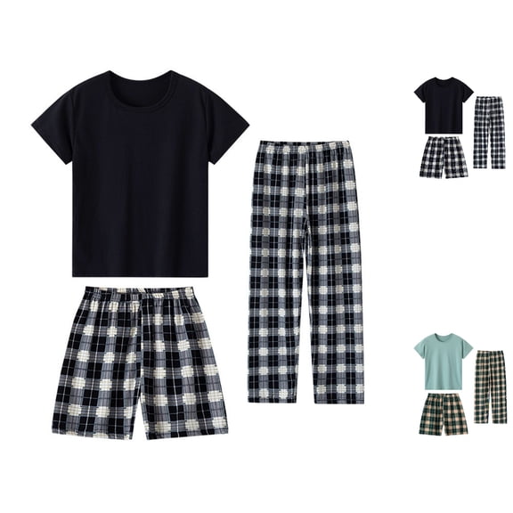 UJNDER Boys Striped Print Round Neck Short Sleeve Tee Shorts and Long Pants Casual Loungewear Three Piece Pajama Set for Kids 3-12Y Boys Pajamas,Black,8-9 Years