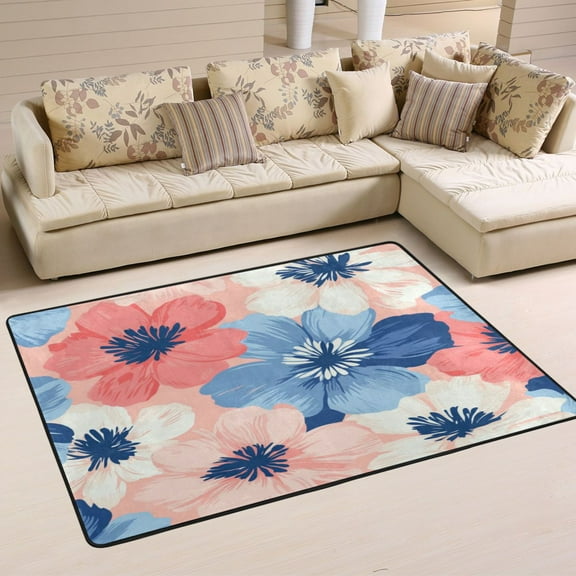 Non-Slip Area Rug 36"x24" Indoor Washable Floor Mats Carpet Printed for Living Room, Bedroom, Home Decor Pink and Blue Large Flowers
